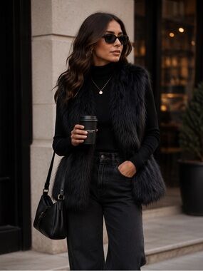 NWOT: Via Spiga Black Faux Fur Vest
